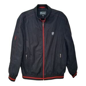 BMW‎ Men’s Black Zip Up Jacket XXL Red Trim Logo Bomber Stripe Satin Interior